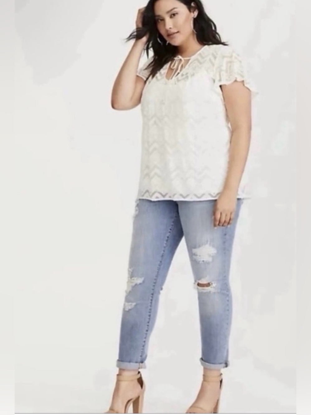Torrid Inset Tie Neck Lace Top Size 00 (medium) ivory